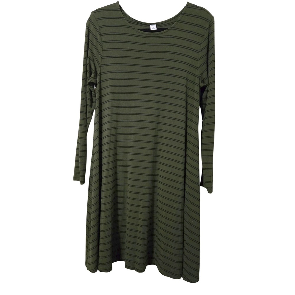Old Navy Women's Skater Olive Green Black Striped Long Sleeve Swing Dress Medium